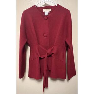 Norm Thompson Red Boiled Wool Sweater Cardigan Button Up with Tie Women's Medium